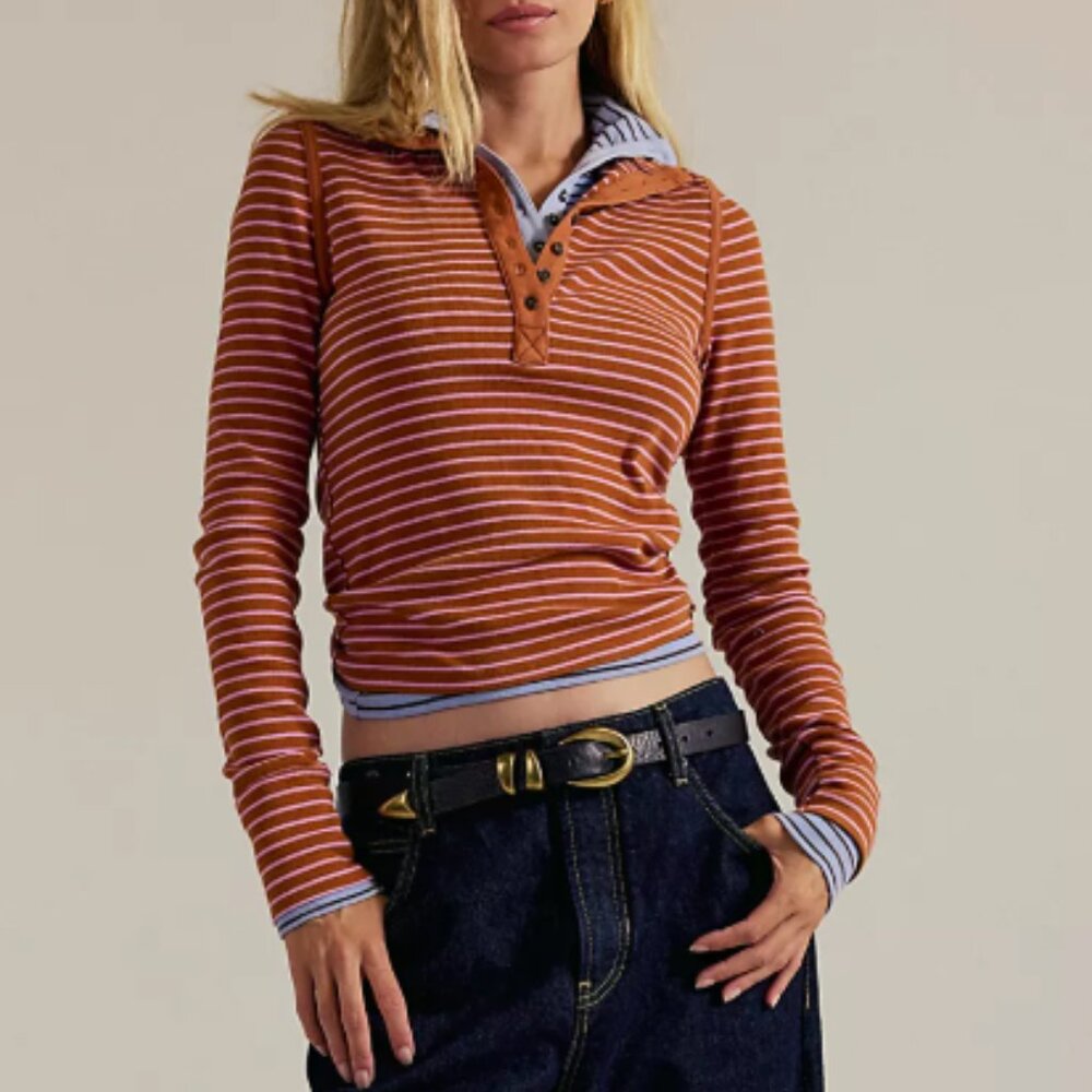 Worn once Free People We The Free XL Cinnamon Combo Lake Stripe Henley - Picture 2 of 6